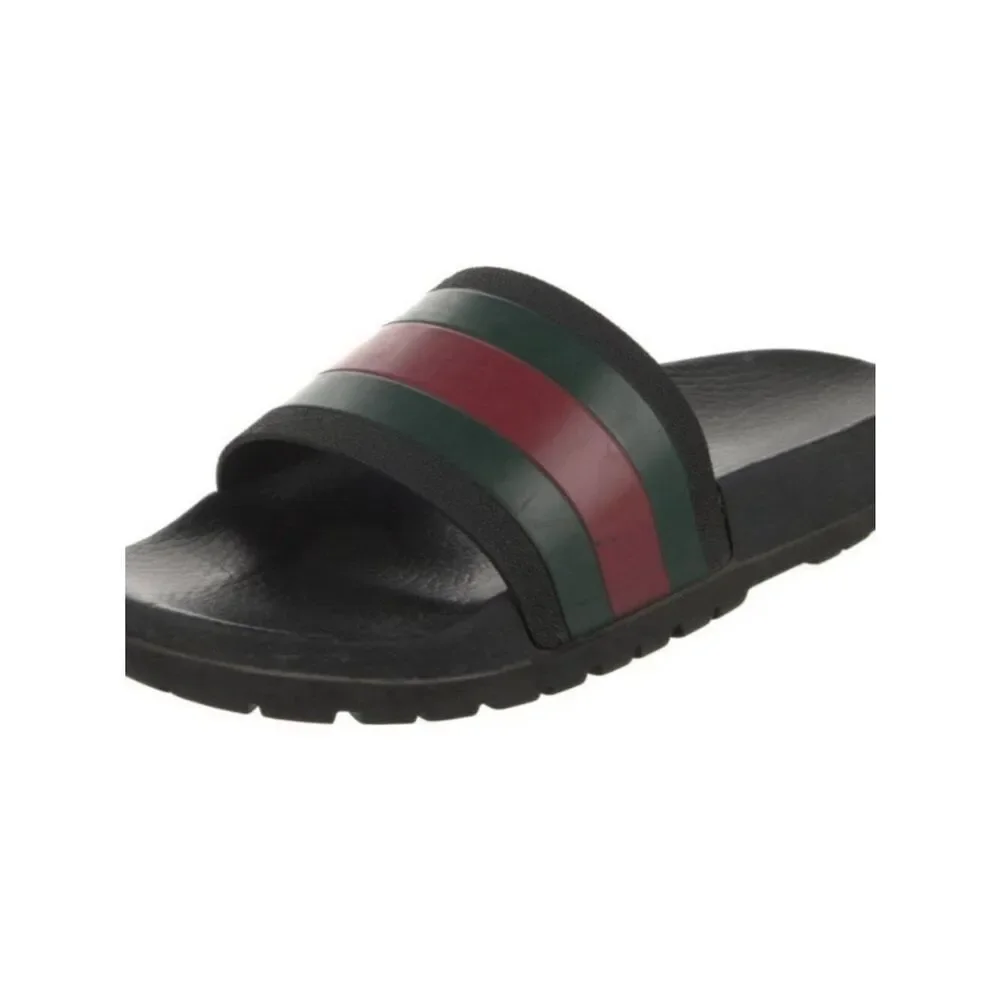 Gucci Authentic Black Green Red Striped Rubber Pool Slides Sandals 5